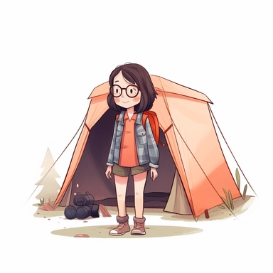 cute girl go to camping, clipart, minimalist, isolated white background, 8k