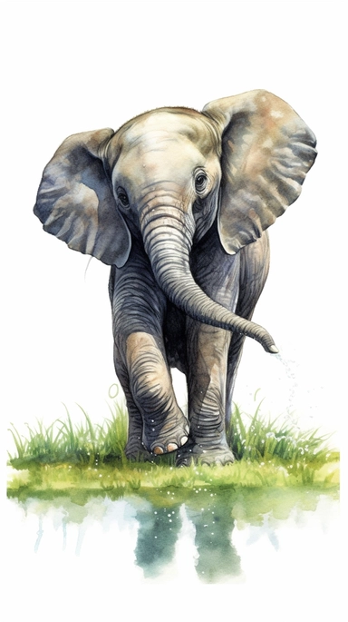 worlds cutest, adorable, realistic, life like image of a baby elephant with his trunk raised in the air and standing in a green grassy field and pond, watercolor clip art, white background ,artist rendition, sharp focus, extreme detail,