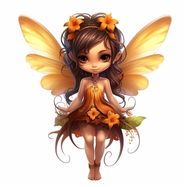Enchanting little brown fairy with orange wings, perched delicately on a flower, enchanting viewers with a charming smile, deep, expressive eyes, and twinkling wings, on a white canvas with deep, captivating colors and high contrast. clipart on white background