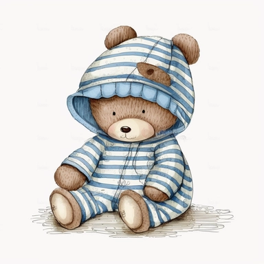 cute adorable watercolour children’s illustration brown sleepy time teddy bear , tatty teddy bear inspired, wearing striped blue pyjamas and a bedtime hat, clipart style, png style, svg clipart style, solid white background