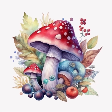 a watercolor magic mushroom clipart with berries and plants, in the style of psychedelic tableaux, illustration, 8k, white background, no comment