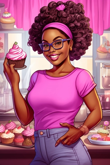 gorgeous sweet black woman, clipart, cartoon illustration, cupcake prodigy, christa mckenzie pose and head pose photos a new cupcake business website, in the style of vibrant pink & purple bakery backdrops, synthetism-inspired, pop cultural, 32k uhd, smilecore, embroidery art, bold curves