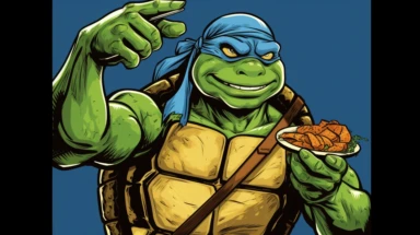 retro teenage mutant ninja turtles taking phone selfies with pizza clipart, cartoon, color, dark outlines full body shot