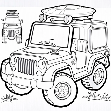 clipart set, safari jeep, in the style of paw patrol, black and white, low detail, thick lines, simple line, playful, coloring page, cartoon, isolated on white background