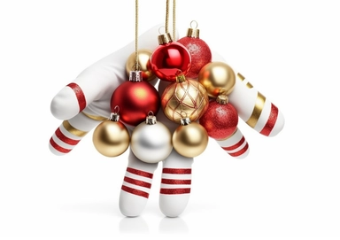 3d white mannequin hands holding Christmas ornaments, red and gold balls, stars and candy cane. Seasonal festive clip art, isolated on white background. Abstract holiday concept.