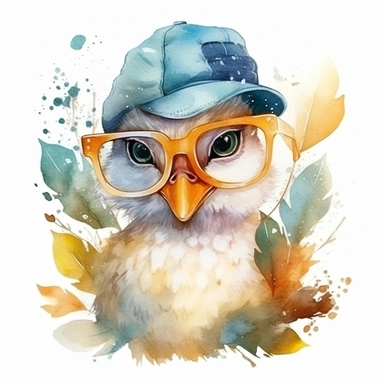 Cute duck BABY WITH GLASSES AND CAP, BIG BEAUTIFUL SHINNING EYES, HEAD TWISTED DOWN TO THE SIDE, Watercolor Little Animals Clipart, LEAVES AND TREE , seasonal weather