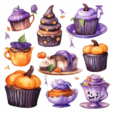 Watercolor halloween dessert, cupcake,cookies,cake,candy,illustrations clipart set, witch,bat,pumpkin,simple, purple orange black white colors, cartoon elements, different variants, separate elements with a margin