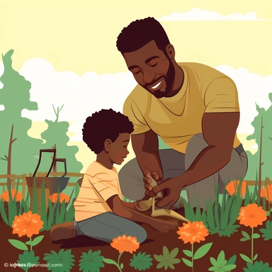 Gardening Buddies: Illustrate a clip art image of an Afro-American father and child gardening together, planting flowers or vegetables. This image symbolizes the father's role in teaching the value of nature, responsibility, and nurturing growth.