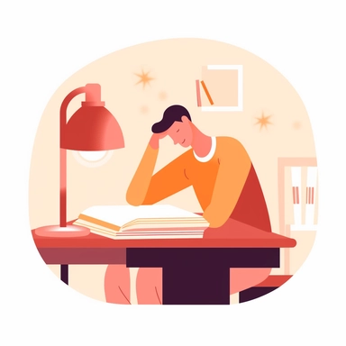 vector design, the student sits at the table writes, there are books on the table, a lamp. bookshelves, flat modern illustration, clipart, very simple picture, white background, soft gradient transition, in the style of warm color palette, natural pastel colors, in carrot, burgundy and sunny colors, object portraiture specialist, uniformly staged images, animated illustrations