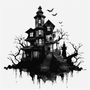 scary dark haunted house halloween silhouettes ghost ultra highly detailed, 18k, sharp focus, high definition, intricate detailed png image, 300dpi, graphic clipart, computer graphics, With white background for removing, no text on image