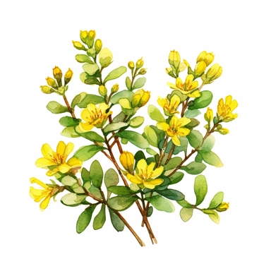 An image showing the bright yellow flowers of a blooming thyme plant clipart, white background, watercolor sophisticated drawing