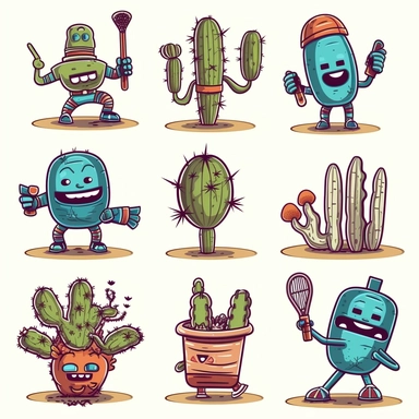 icons cactus monsters with sports activities at the clip art