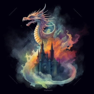 SURREAL cartoon dragon, breathing colorful fire against a dark castle background. Detailed scales and smoke, with swirling colors and layered imagery. Detailed watercolor, clip art, cartoon, 8k