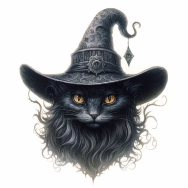 gothic style, witch's black cat with a witch's hat, hyper-realistic painting, magical, fantasy, wicked, mystical, intricate details, clipart, white background