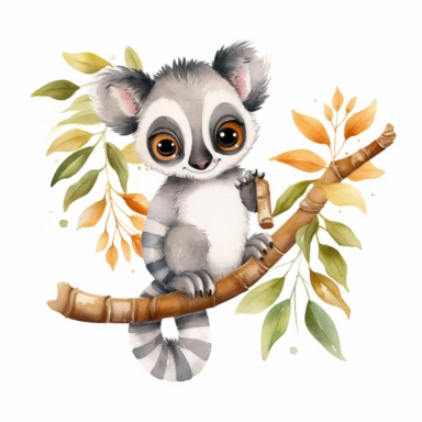 a whimsical watercolor clipart image with a white background and vibrant colors, featuring a cute lemur hanging playfully from a tree branch, its tail curled in delight. The ultra-detailed, hand-drawn elements capture the energetic and mischievous nature of the lemur. Use shades of gray, brown, and green to create a visually captivating and lively image that conveys the charm and liveliness of the lemur in its natural habitat.