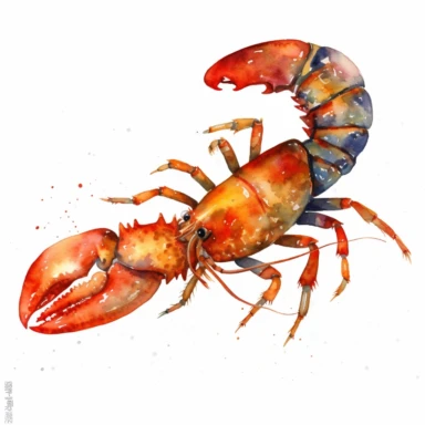 Watercolour clipart of Lobster walking on the ocean floor, isolated.