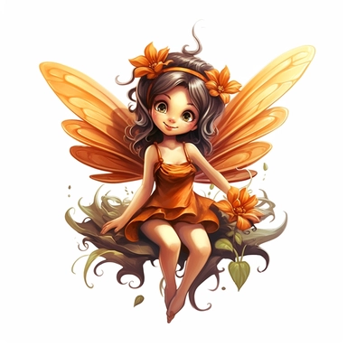Enchanting little brown fairy with orange wings, perched delicately on a flower, enchanting viewers with a charming smile, deep, expressive eyes, and twinkling wings, on a white canvas with deep, captivating colors and high contrast. clipart on white background
