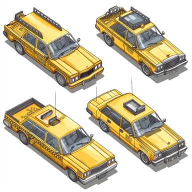 a clipart collection of a set of four isometric taxi, highly detailed, crisp sharp lines , istock, clip-art, ,, 2070s, steel, , how-to, , harmony of, marker”, , 4, instrument, ultimate, 5, movies, three - dimensional , high quality vector svg white background , organised in rows spaces gap orderly