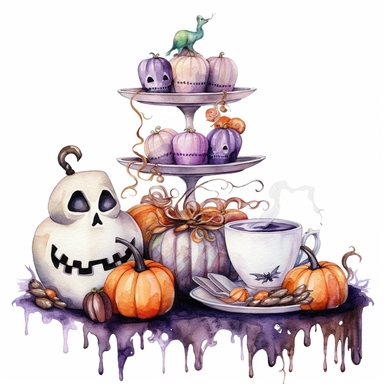 hand drawn Halloween decorations on the table, hocus locus vibes, Halloween cockies, vibrant colors, magical , spooky, very detailed and realistic, watercolor, white background with margins, clipart style