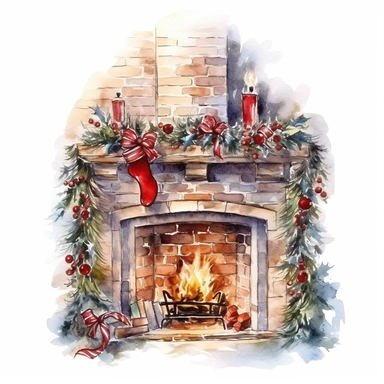 watercolor style, beautifully decorated christmas fireplace with slightly visible part of the wall behind it clipart, isolated on white background, 4K