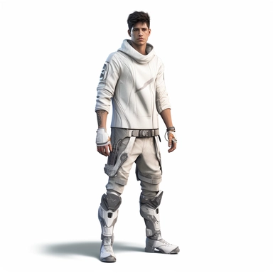 A young male, full body shoot, urban wear 1000years into the future post ecological evolution. unreal game engine style, different poses, detail, clipart, white background, one of a kind--ar 16:9