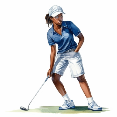 Idyllic watercolor clipart of a young modern African american female golfer in close fitting blue and white sports golf clothes standing with his putting club on the putting green, isolated on a pure white background, insane detail,