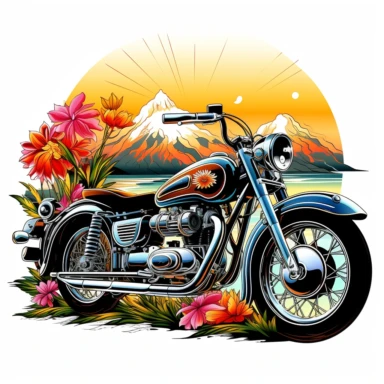 A classic motorcycle from the 60s or 70s, with distinctive stylistic elements of that era in digital painting style , beautiful flowers, sunrise mountains and clouds , big sea waves, water splashes, white background, colorful fantasy flower sorround, highly detailed clean, vector image, photorealistic masterpiece, professional photography, realistic, flat white background, isometric, vibrant vector, clipart, illustration, realism, 4k, , cinematic, front view, white background, t-shirt design