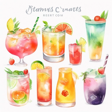 Create an extraordinary collection of ultra-detailed watercolor cocktail clipart, showcasing a variety of refreshing and colorful summer drinks. Each illustration should capture the vibrancy and freshness of summer, featuring enticing fruit drinks and cocktails with intricate details and realistic textures. Utilize the watercolor technique to infuse the clipart with a lively and artistic feel, allowing the vibrant hues to blend seamlessly on the canvas. Highlight the unique characteristics of ea