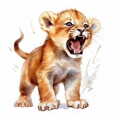 Clipart of baby Lion, lion cub roaring, full body of lion cub, watercolor painting, white background, featured on pixiv, computer art, watercolor, digital illustration, detailed painting, realistic