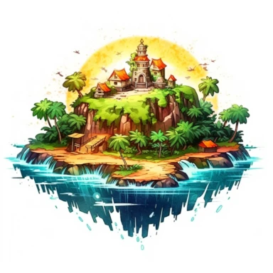 clipart of vivid magic island with sun beams, very detailed, Cartoon, hyper realistic, intricate detail, illustration style, high solution, on the white background