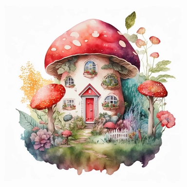Watercolour red Magic Mystical Mushroom clipart with white background cottage surrounded by fruits and front garden