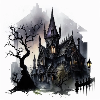 isolated clipart image of a spooky gothic house with intricate architectural details, twisted spires, and looming shadows, each house unique in its design, showcasing different elements like pointed windows, wrought-iron gates, and weathered stone walls, surrounded by a foggy atmosphere that adds a sense of mystery and intrigue, watercolor painting, delicate brushstrokes capturing the eerie charm,