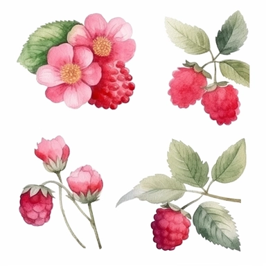 watercolor A clip art 4 set of images featuring a rustic bouquet of flowers with raspberries isolated white background, minimalist, 8K