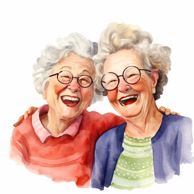 a watercolor clipart image with a white background, featuring a cute sweet extremely happy two cartoon grandmas