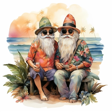 gnomes couple (man and woman) in Hawaii beach outfit, vibrant color, clipart, watercolor illustration, white background