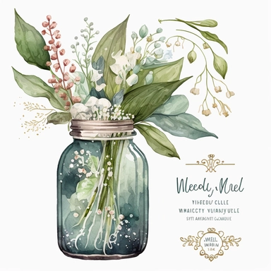 A watercolor clipart featuring a delicate bouquet of muguet (lily of the valley) flowers in a vintage jar. The flowers are depicted with intricate details, capturing the texture and delicacy of each petal and leaf. The bouquet includes a variety of muguet flower types, such as small sprigs with delicate flowers and long stems with clusters of blooms. The watercolor technique used in the painting gives the image a soft, dreamy quality, with the colors blending together in a way that suggests move