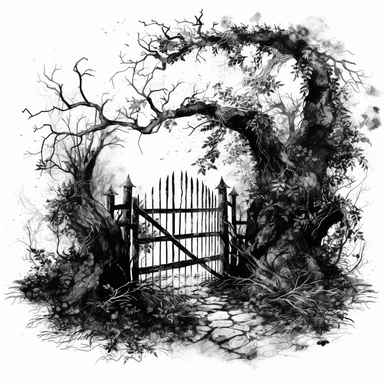 An intricate ink drawing of A broken fence and gate, entangled with thorny vines, marking the boundary between the living world and a realm of shadows. black and white, white background, clipart