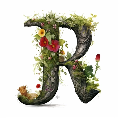 vintage letter J Made Of Tree with vines wrapped around, flowers. moss clings to, illustration clipart, high detailed, white background, digital art