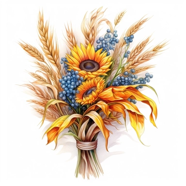 bouquet of wheat and sunflowers , wildflowers , color pencil sketch on a white background for clipart