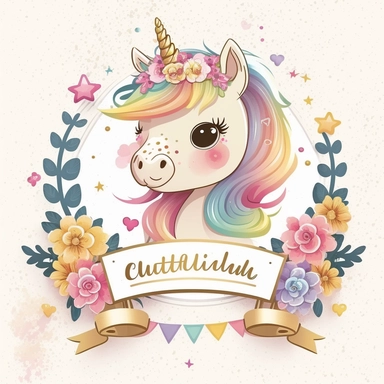 cute unicorn in chibi style with flowers in hair, colourful rainbow colours, well lite, with name plate ribbon with gold trim, watercolor clipart using procreate grain brush, svg white background