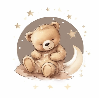 CLIPART, CUTE TEDDY BEAT SLEEPING ON A CRESCENT MOON, NEUTRAL BEIGE COLORS