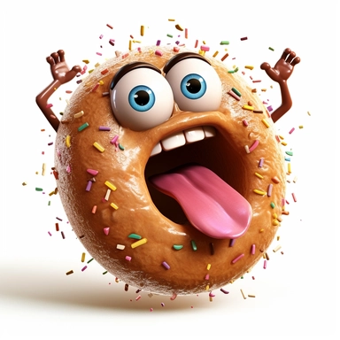 clipart of a messy donut, there is a funny face in thedonut, cartoon, for kids, funny, pixar, 8k, white background, sharp focus, detailed,