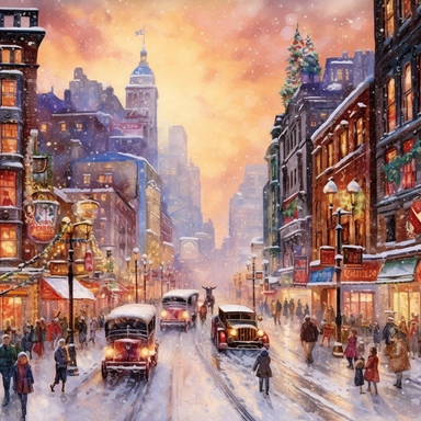 Christmas eve in New York, style by Thomas Kinkade, watercolor, smooth gradients, black contour outline, ultra detailed, clipart elements, vibrant colors, solid white background, super clear, high quality