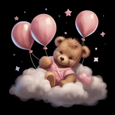a smiling sleeping brown baby teddybear laying on a cloud, wearing a pink bib, tied in pink and white balloons, clipart, black background