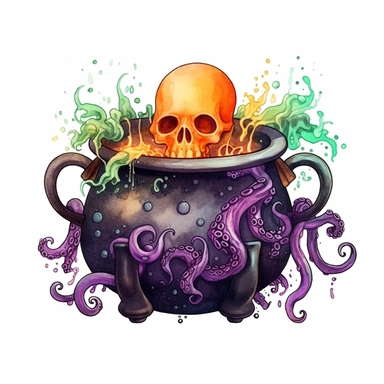 hand drawn black cauldron with bubbling potion, large bone in the cauldron, an octopus tentacle coming out of cauldron and hanging on the side, Halloween, purple orange and green shades, fantasy, glamorous, clipart style, detailed and realistic, watercolor, white background with margins
