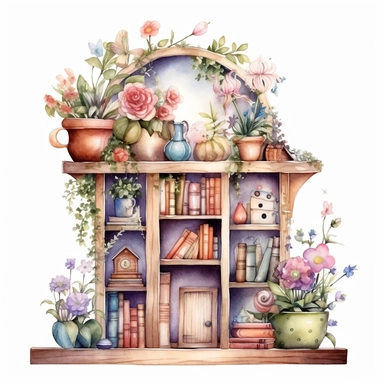 fantasy,cute,little,floral bookshelf,digital watercolor,light colors,clipart,white background