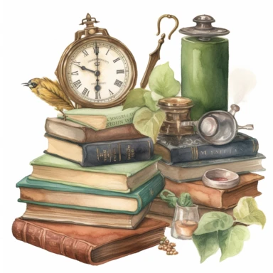 Watercolor Cottagecore vintage clipart bundle, Green Witch Cottage, stack of vintage books clipart, feathers with inkwell clipart, stack of letters clipart, vintage clock clipart, photorealistic concept highly detailed painting, Old books, coffee mill, pocket watch, a bunch of keys, Old fashioned romantic collection, Scrapbooking clip art, atmospheric watercolor illustration on a white background