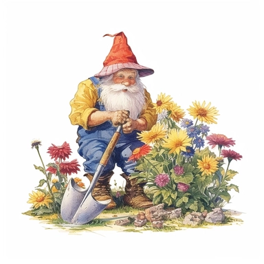 A Garden gnome with a straw hat and gardening tools, carefully tending to a row of vibrant flowers in a sunlit garden. The white background highlights the vivid colors of the blooms, while the style of Pierre-Joseph Redoute adds a touch of botanical elegance. This clipart-style design features sharp lines and a dreamy atmosphere. Sunshine, white background, style of Pierre-Joseph Redoute, as clipart, single design, sharp lines, dreamy.
