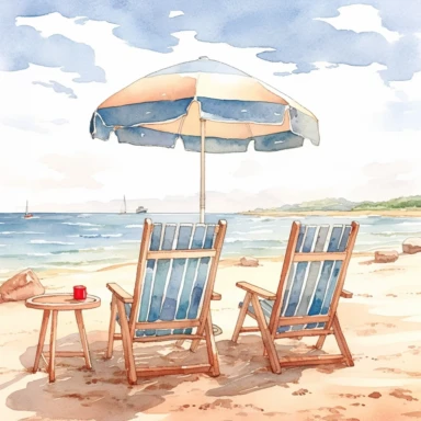 high quality watercolor illustration of a nostalgic looking beach and sea, beautiful, sandy, serene, Beach chairs facing sea, beach umbrella, studio lighting, photorealistic, 8k clipart, watercolors and pencil style, ultra-detailed, high quality, ghibli style, award winning
