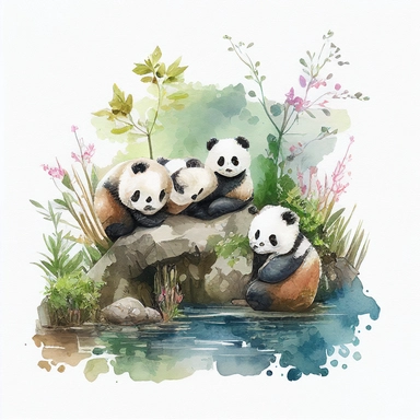 WATERCOLOR CLIPART FAMILY OF PANDAS CUTE PLAYING FOOLING AROUND IN THE NATURAL HABITAT